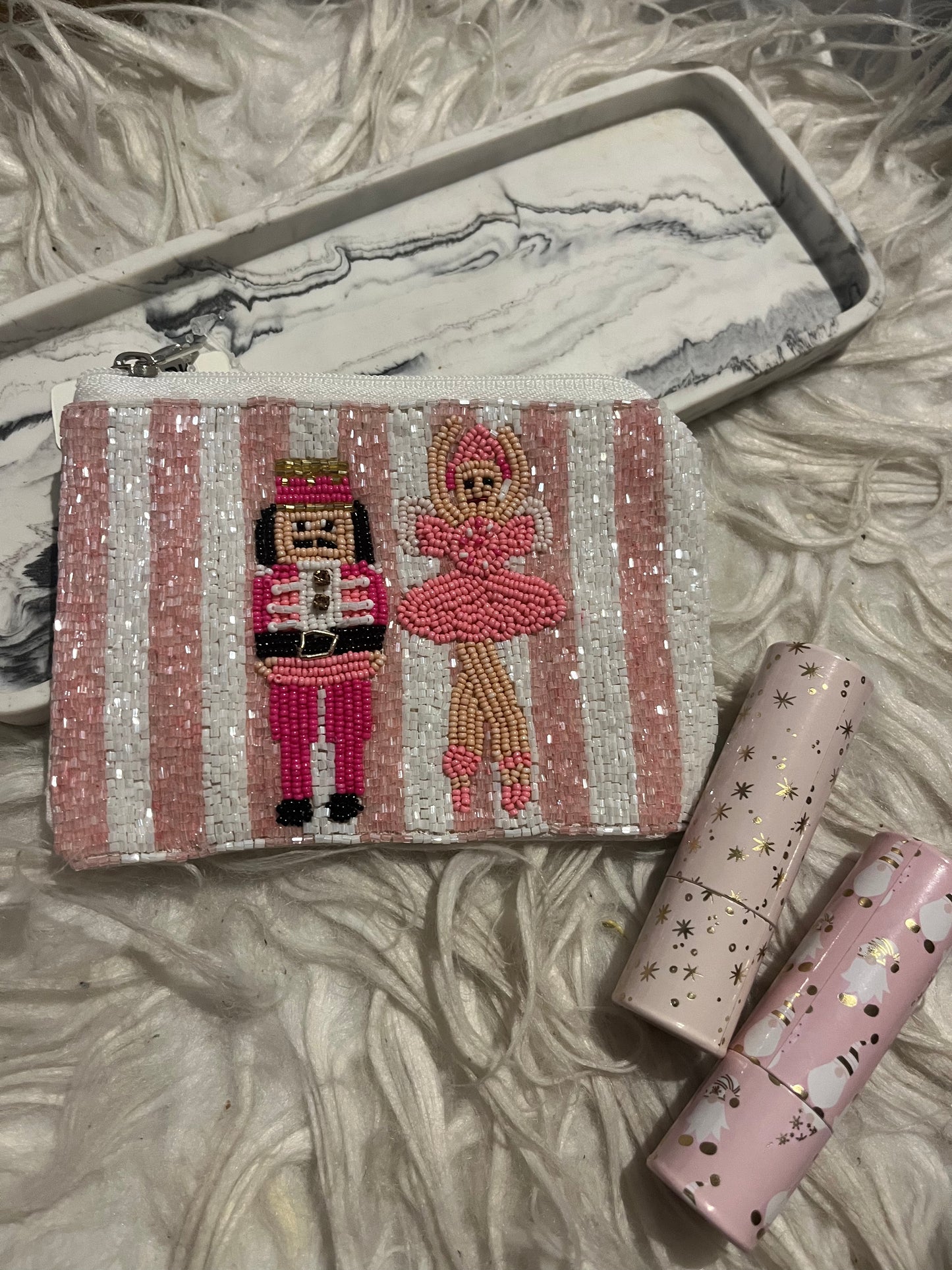 Pink beaded Christmas pouch