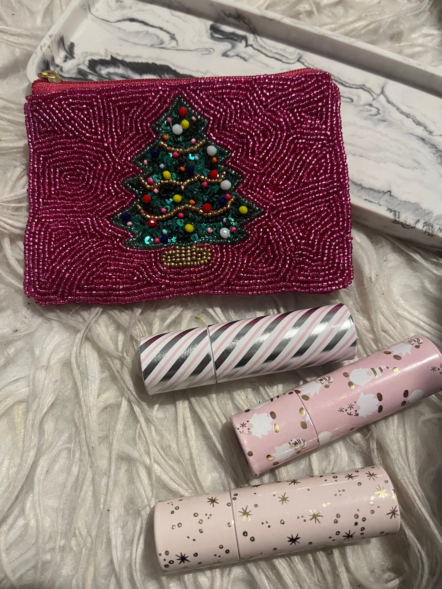 Pink beaded Christmas tree pouch.