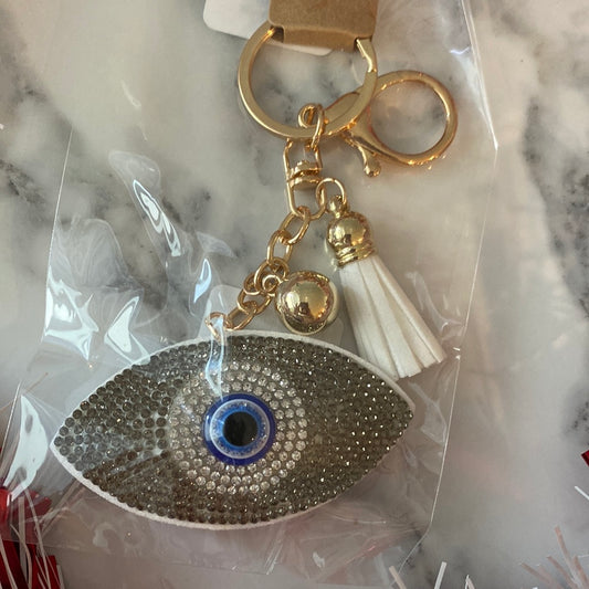 White Evil Eye Crystal Keychain/Llavero.