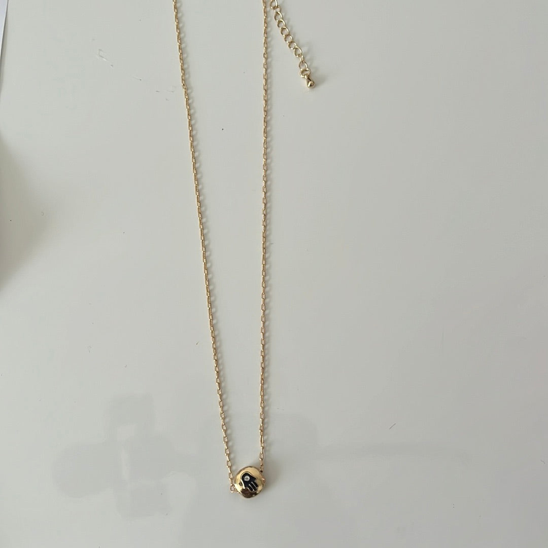 Gold Necklace with Black Hamsa Hand